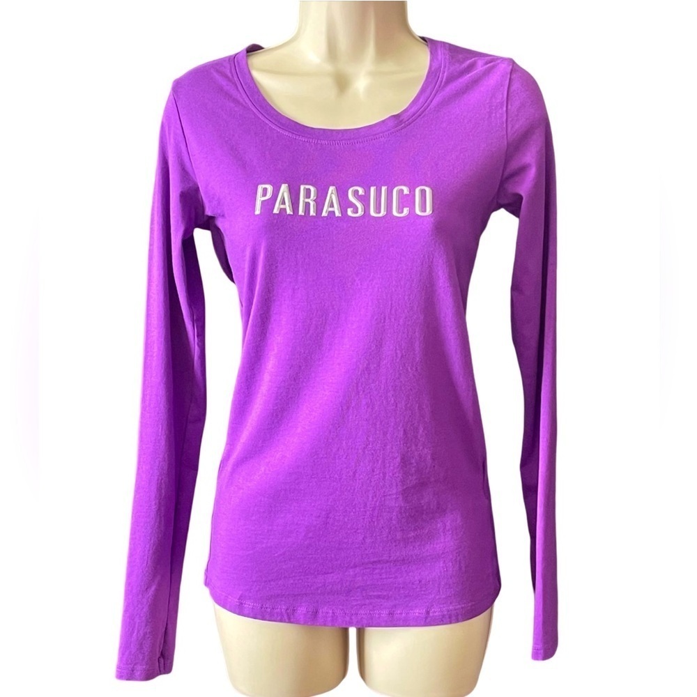 Parasuco Women’s Spell Out Logo Purple Long Sleeve Tee T shirt Size S Fitted Y2K
